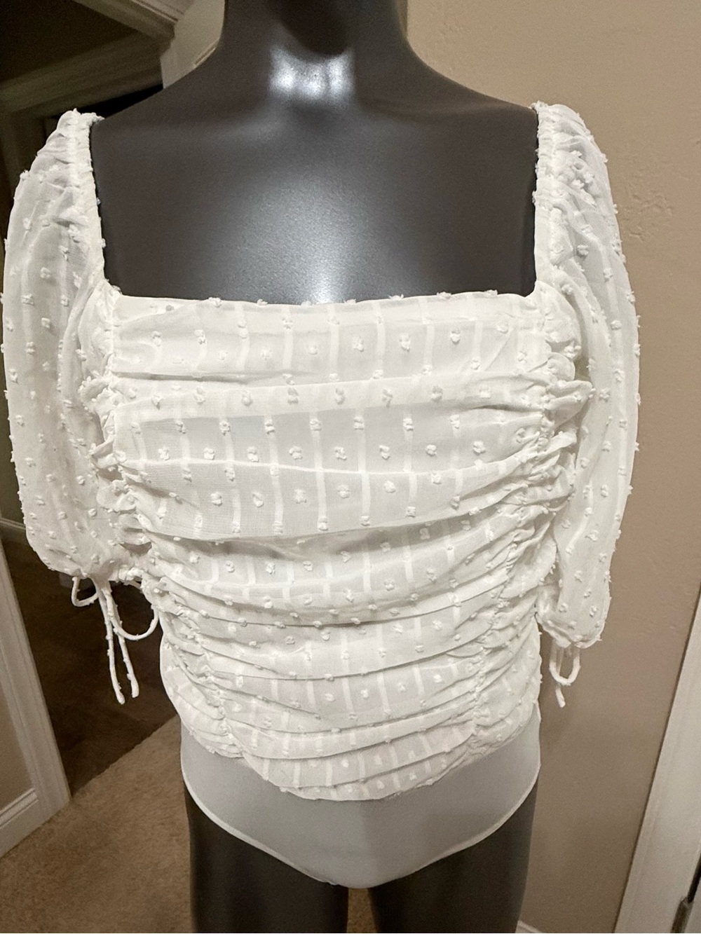 Lulu's White Swiss Dot Ruched Square-Neck Blouse